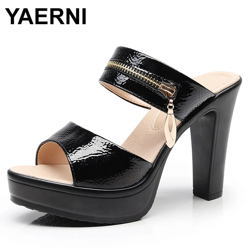 

10.5cm good Quality Patent Leather Slippers for Women New High Heels Slides Women Platform Outdoor Office Slides Plus Size 32 43