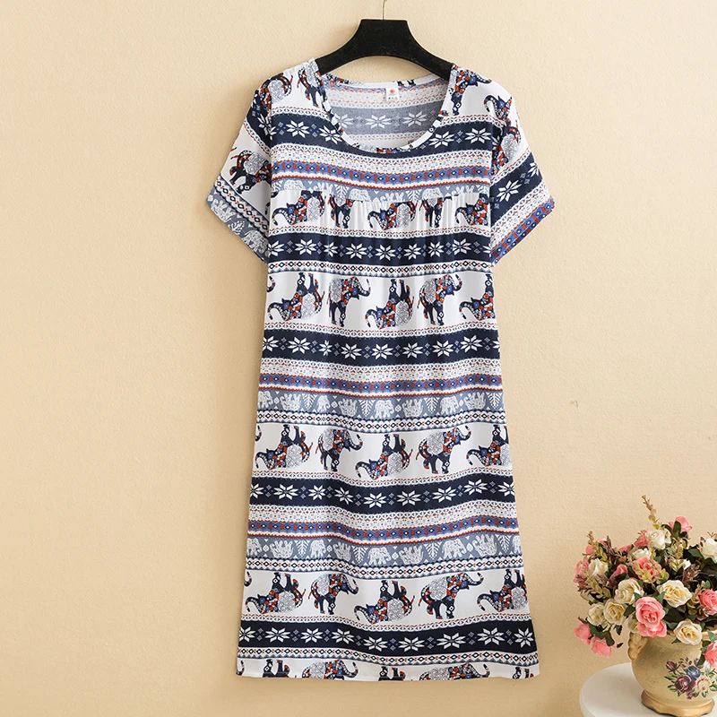 2023 Summer Printed Dresses Women Loose Vintage Sundress Ladies Beach Dresses Elegant Mid-Calf O-Neck Short Sleeve Boho Dress