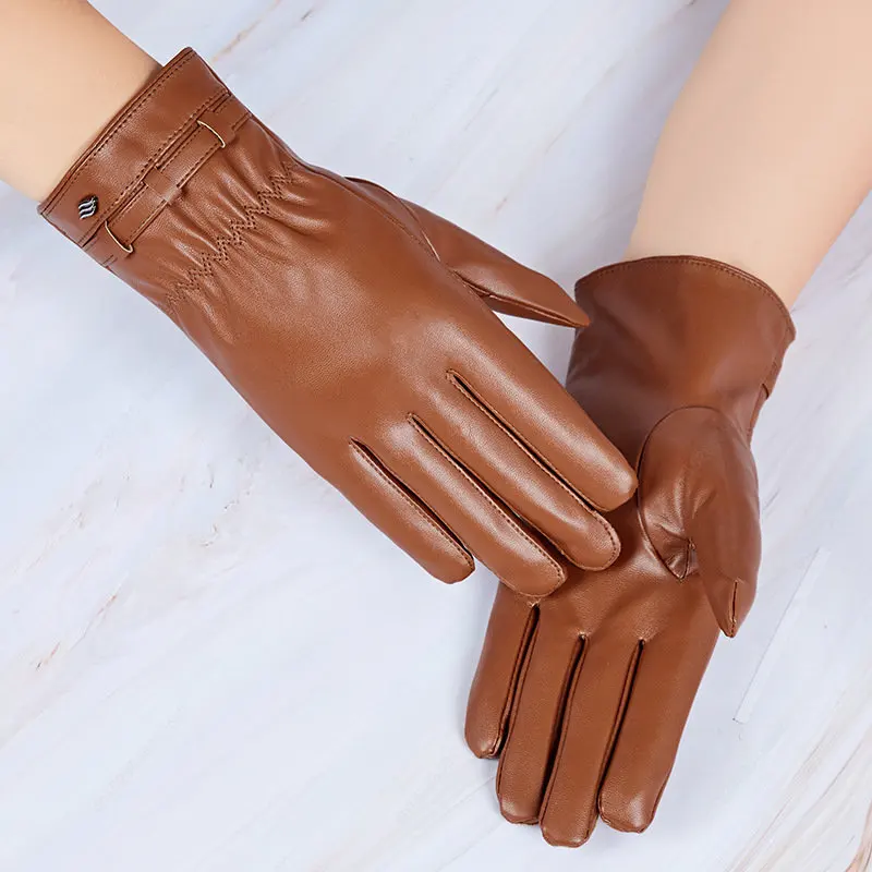 คุณภาพสูงผู้หญิงถุงมือหนังของแท้หนังสีม่วงผู้หญิงอบอุ่นฤดูหนาว Mittens เรียบง่ายประดิษฐ์ถุงมือหนังหญิง