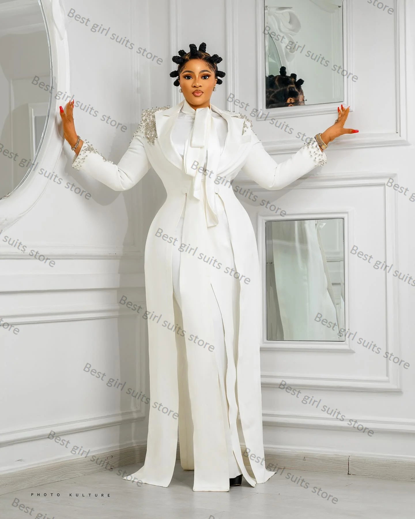 

2 Piece White Women Suit Pants Set Split Long Jacket+Trouser Luxury Crystals Guest Blazer Wedding Tuxedo Tailored Formal OL Coat