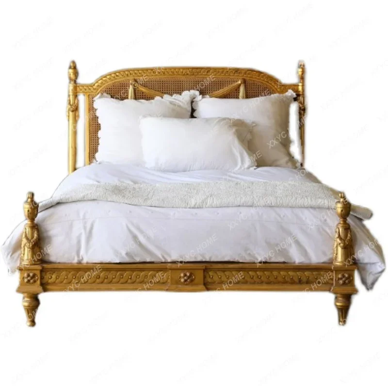 

Wood Carved Rattan Bed Golden Distressed Double Bed Marriage Bed Simple