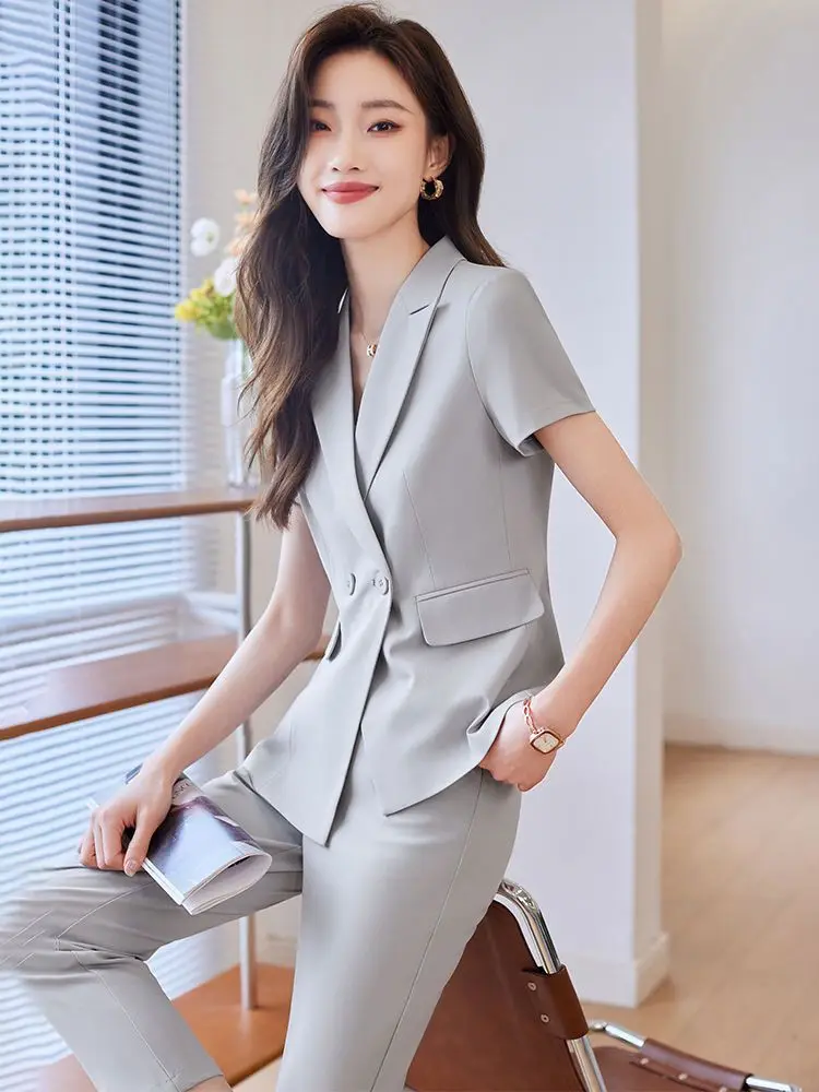 Women's Summer New Fashion Short-sleeved Suit Jacket Pants Matching Set Korean Elegant Thin Casual Blzers+Trousers Two-piece