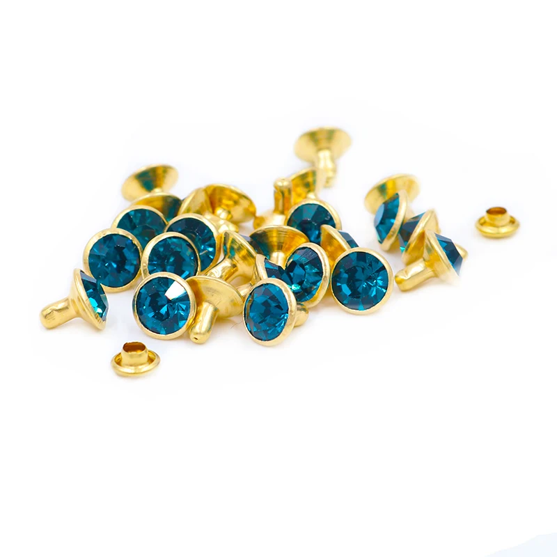 100Sets 8mm Blue Zircon Crystal Rhinestone Rivets Golden Metal Base Studs Stunds For Clothing Bag Leathercraft Rivet