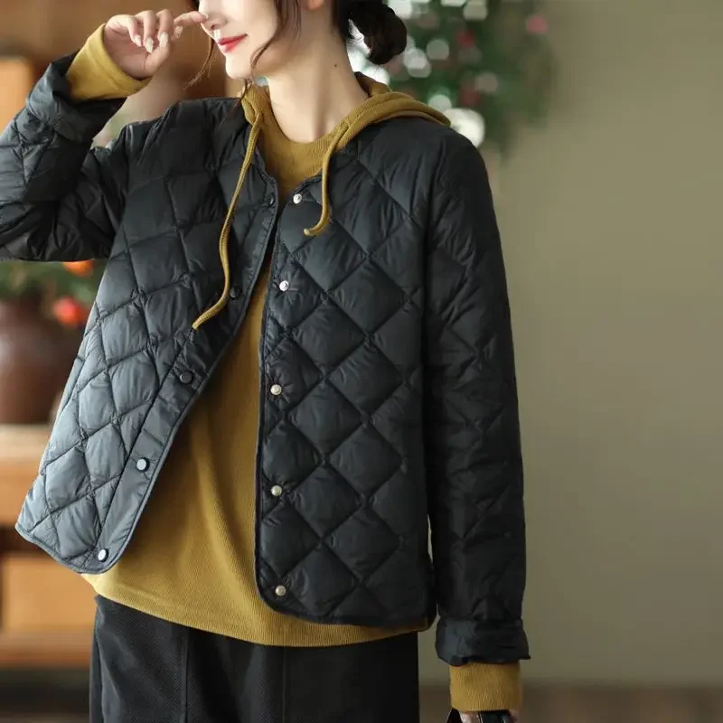 Outono e inverno estilo europeu Lingge jaqueta feminina à prova de vento jaqueta de pato branco