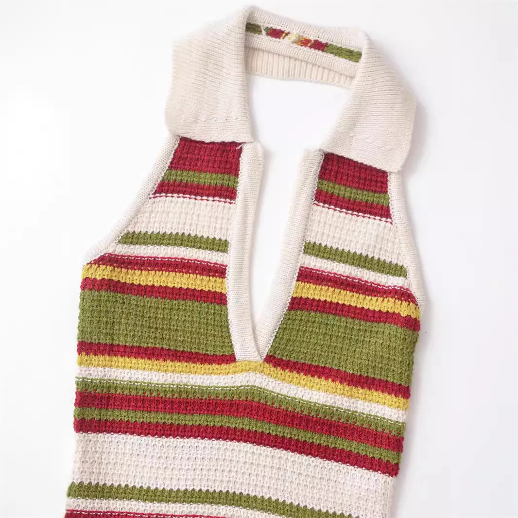 여성 패션 2025 다채로운 줄무늬 옷깃 짧은 드레스 여성 레트로 폴로 셔츠 스타일 홀터넥 넥 슬림 여성 미니 드레스