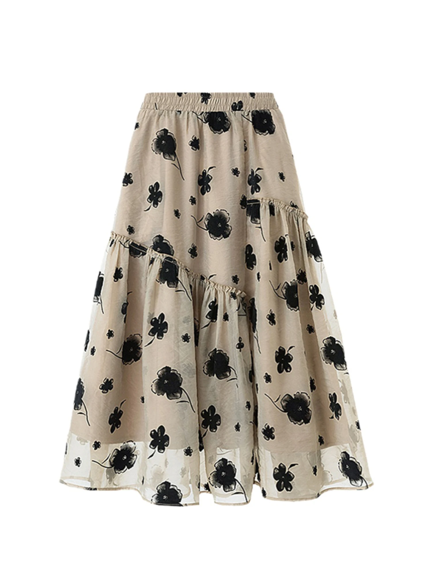 تنورة نسائية متوسطة الطول مطبوعة بالزهور الكاكي تنورة جمالية عتيقة بخصر عالٍ تنورة كبيرة الحجم Harajuku Y2k تنانير على شكل حرف a ملابس 2000s