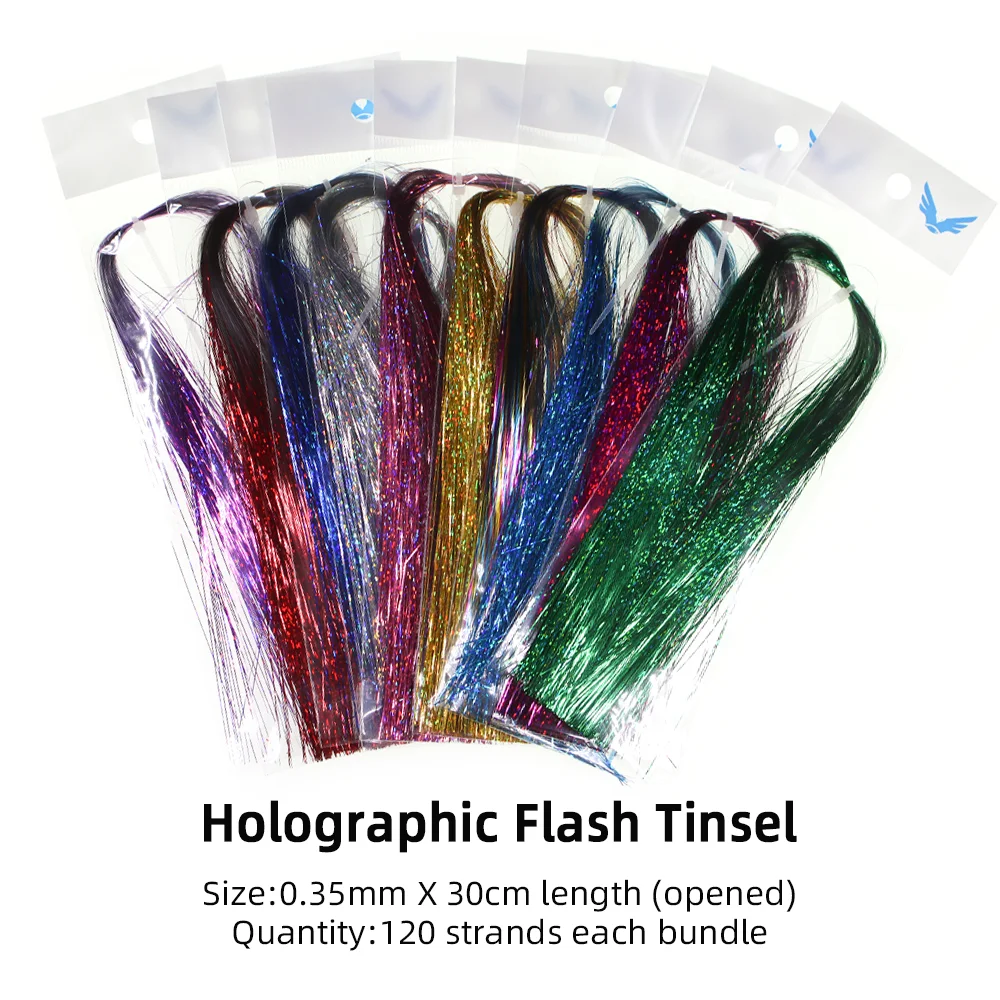 Wifreo 2Packs Flashabou holographic Flat tinsel flash Fly Fishing Tying String Jig Hook Lure Making Material Golden Silver Red