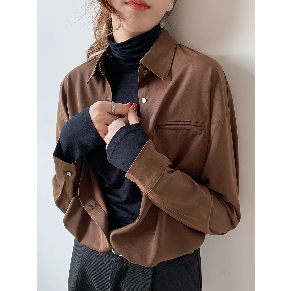 

JANE Women's Workwear irt Layering Loose Fit Office Sle Long Sve Pure Color Commute Faion Straight Cut Base Layer Top