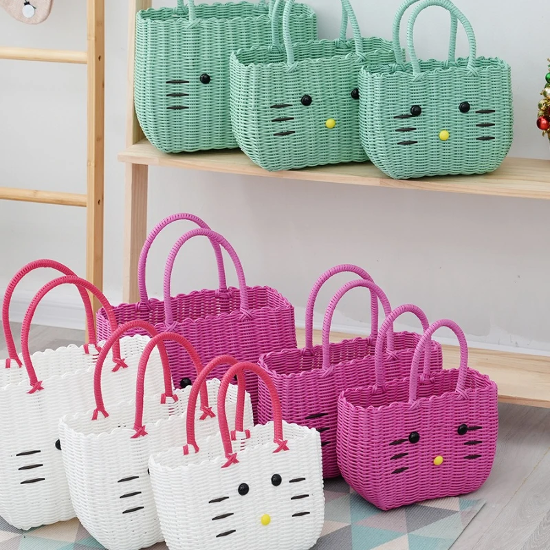 Cute Cat PVC Woven Bag Large Capacity Organizer Bath Shopping Basket Portable Baskets with Handles Beach Bag Vegetable Basket