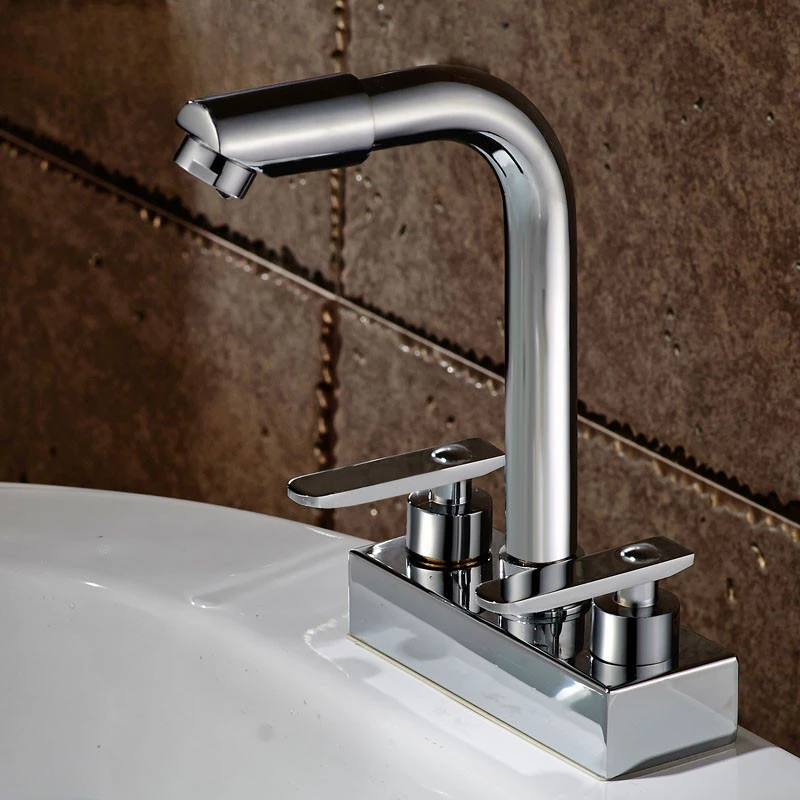

Universal Rotating Tap Double Handle Double Control Cold and Hot Faucet Household Bathroom Basin Double Hole Washbasin Faucet