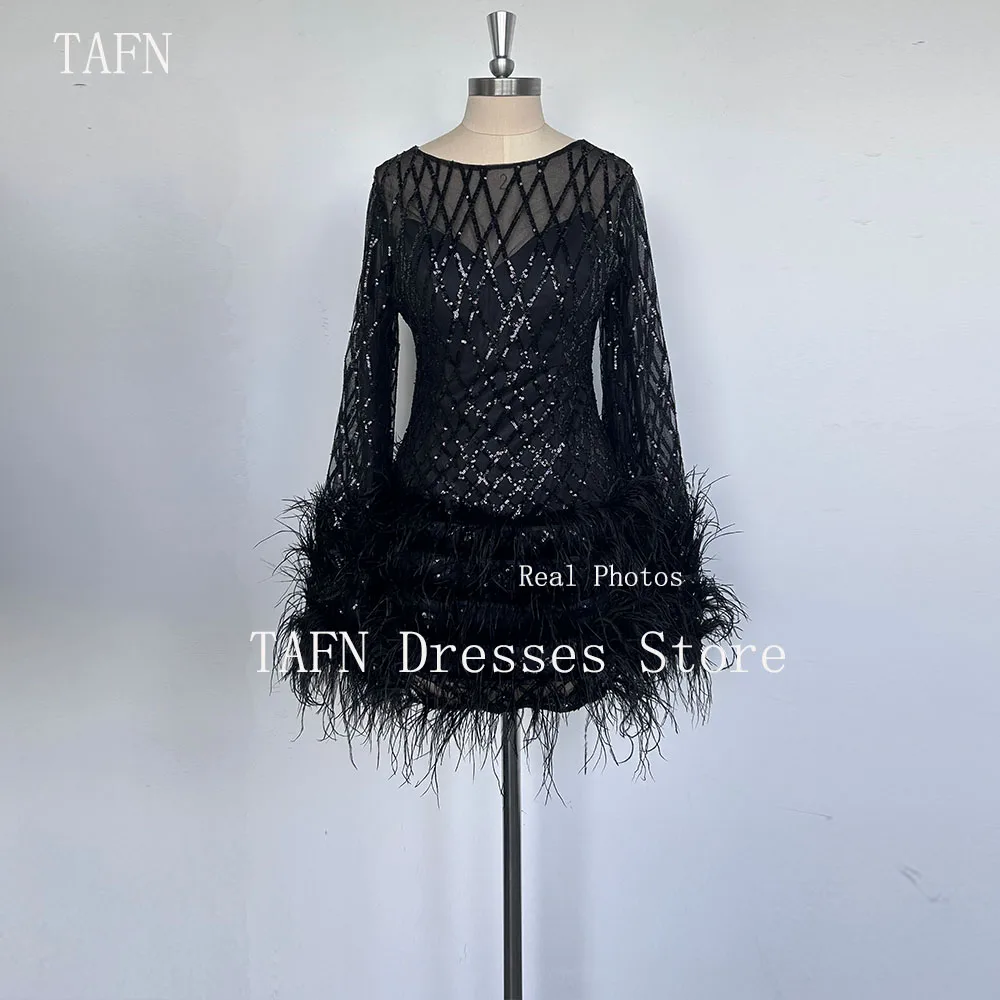 TAFN Black Short Prom Gown Scoop Collar Full Sleeves A-line Feather Sequined Luxury Evening Dresses Real Photos Customized