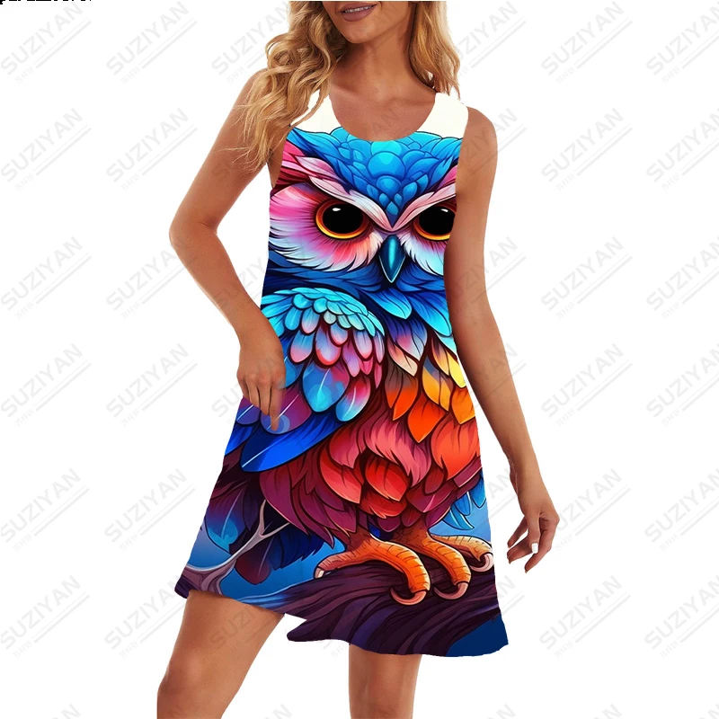 2023 Summer New Dress Creative Owl 3D Print Dress Women's Dress Soft and Comfortable Dress Classic Sleeveless Dress