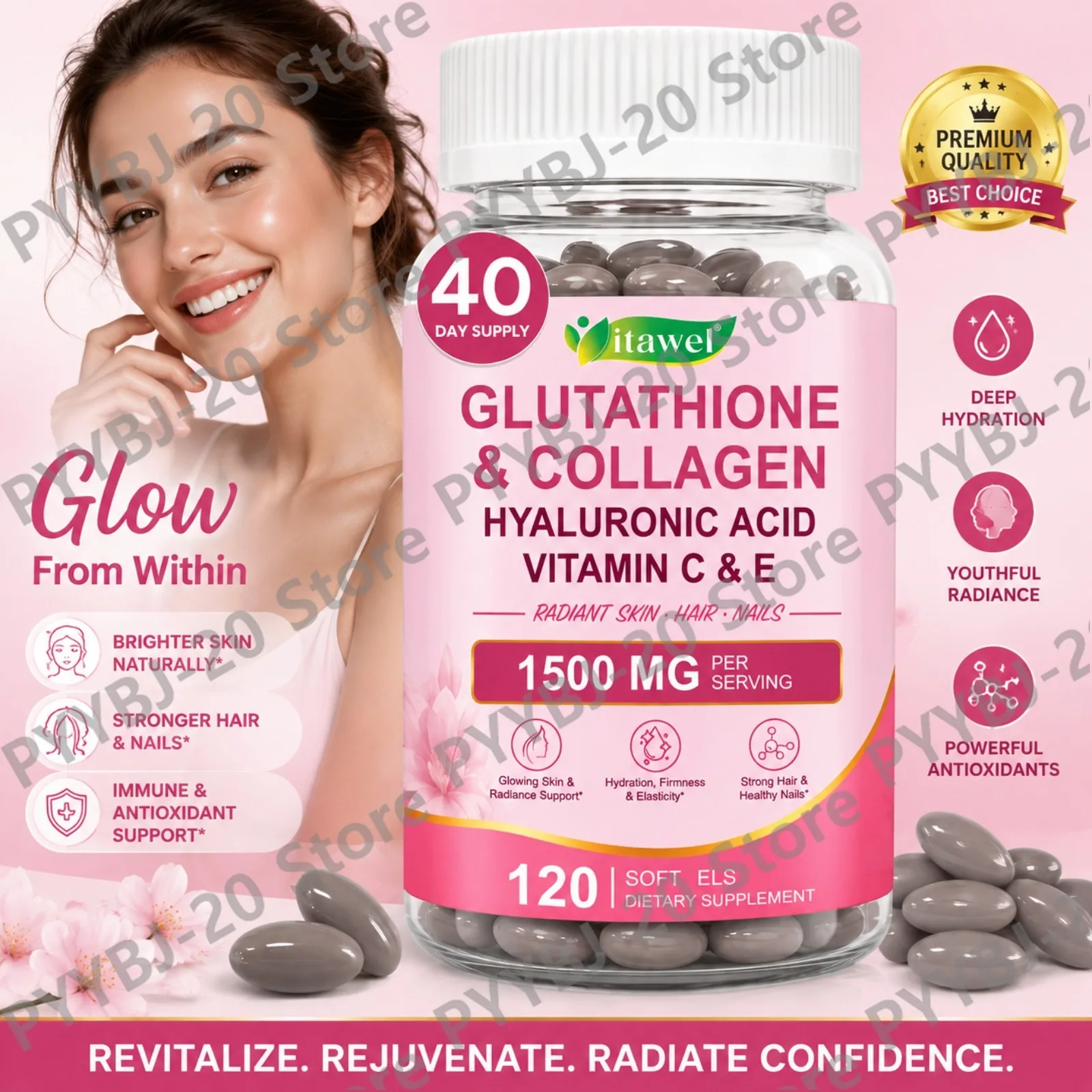 Itawel Skin Radiance Softgels - Glutathione Collagen Hyaluronic Acid Supports Glowing Skin Hair & Nail Health 120 Capsules
