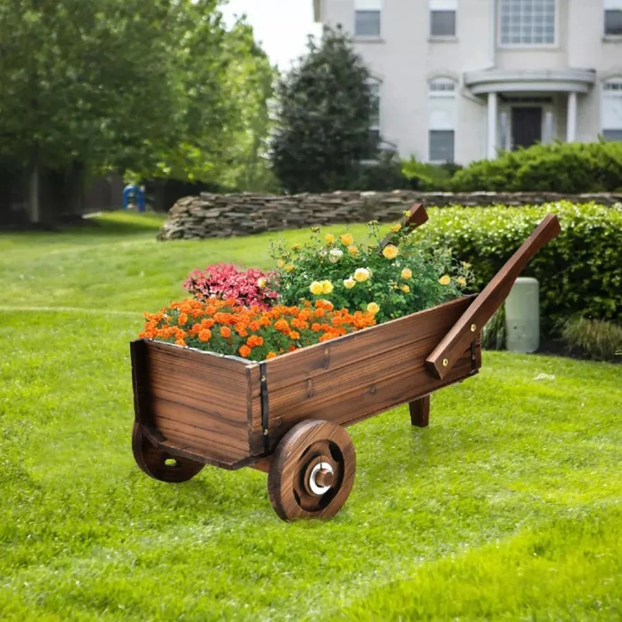

Wooden Wagon Planter Box with Wheels Handles and Drainage Hole