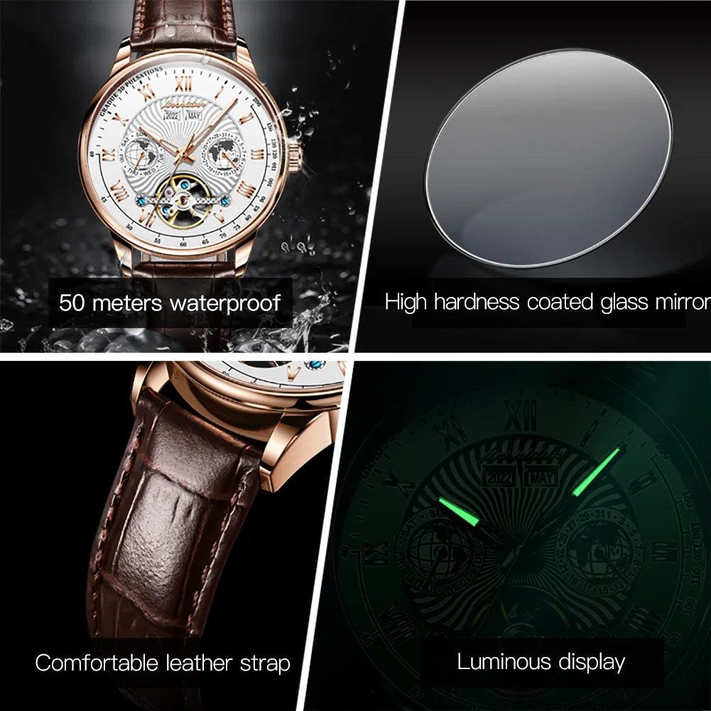 JSDUN High Quality Watch for Men Original Leather Strap Waterproof Wrist Watch Men Casual Luxury Automatic Mechanical Mens Watch