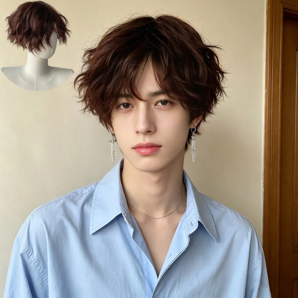 Neutral Wig for Boys with Instant Noodles Curly Hair Natural Fluffy Brown Wig Synthetic Mechanism Headband COS Cover