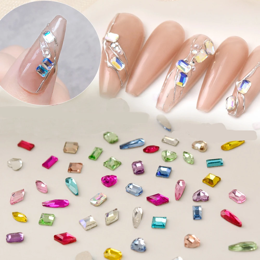 50pcs Multi-shape Nail Rhinestones Candy Color Bijou Heart/Waterdrop/Block Flat Bottom Nail Jewel 3D Kawaii Nail Decor Parts