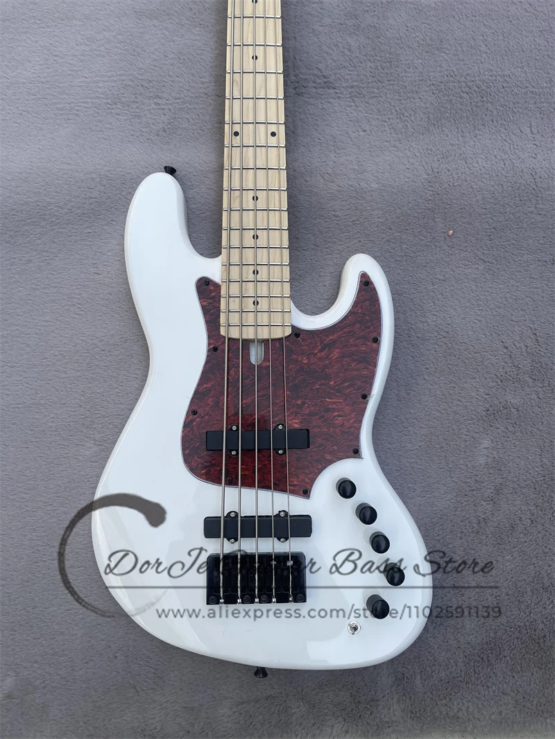 5 Strings Electric Bass White Guitar Maple Fingerboard Red Tortoise Shell Board Fixed Bridge Black Tuners Active Battery