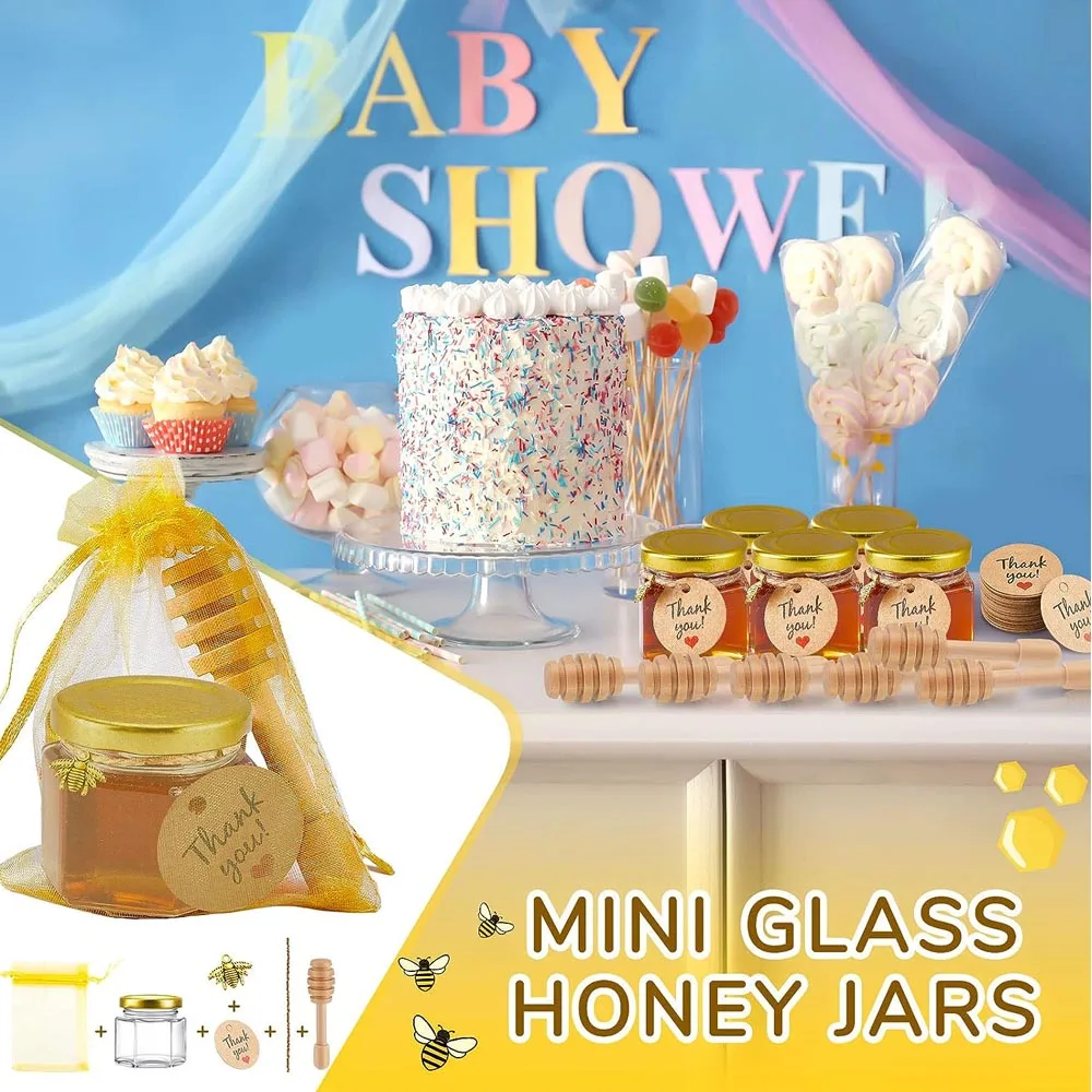 Mini Honey Jars With Honey Dipper, Gold Lid, Bee Pendants, Gift Bags and Jutes - Perfect For Baby Shower Favors & Wedding Favor