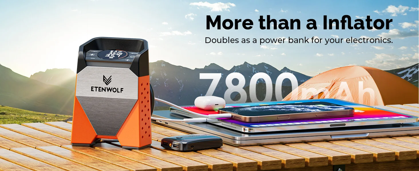 ETENWOLF ZEPHYR S3-7800mAh Compresseur à Air Portatif,160 PSI/11,03 Bar Pompe à Air Électrique Pour Voiture, Moto, Vélo, Ballons,Gonflage Rapide en 1 Minute et Lumières LED, Banque - Équipement auto