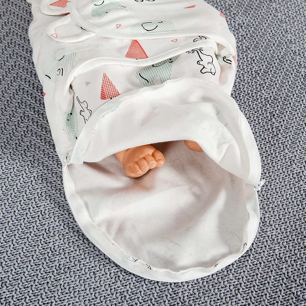 Sac de Couchage pour Bébé, 100% Coton, Doux, Réglable, Rond, Vêtements de Nuit Minces, Couche Imprimée Éléphant, Couverture d\'Emmaillotage