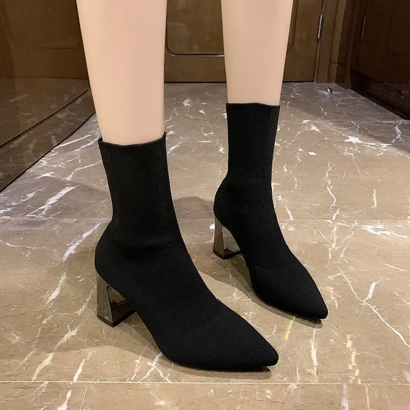 2022 Spring and Autumn New Woven Black Women Boots Thick Heel Mid-tube Women\'s Fashion Elastic Pointed Toe Fashion Boots