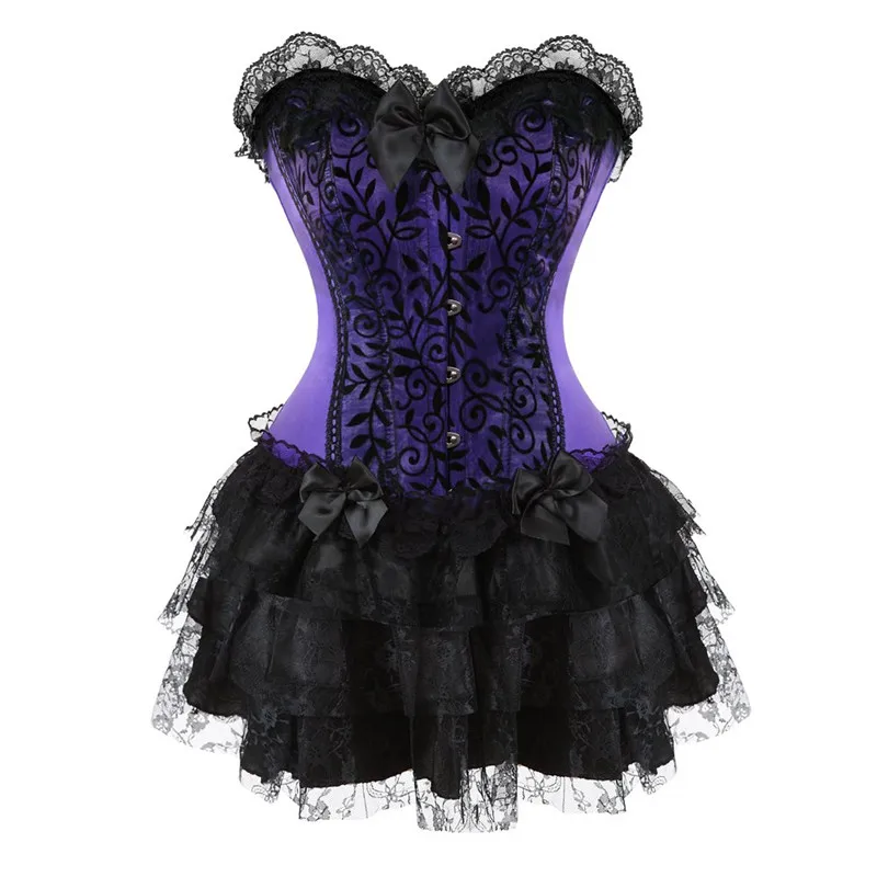 Sexy Corset Dress with tutu Skirt for Women Satin Bustier Tops Lace Skirt Purple Corset Costume Plus Size Overbust Corset