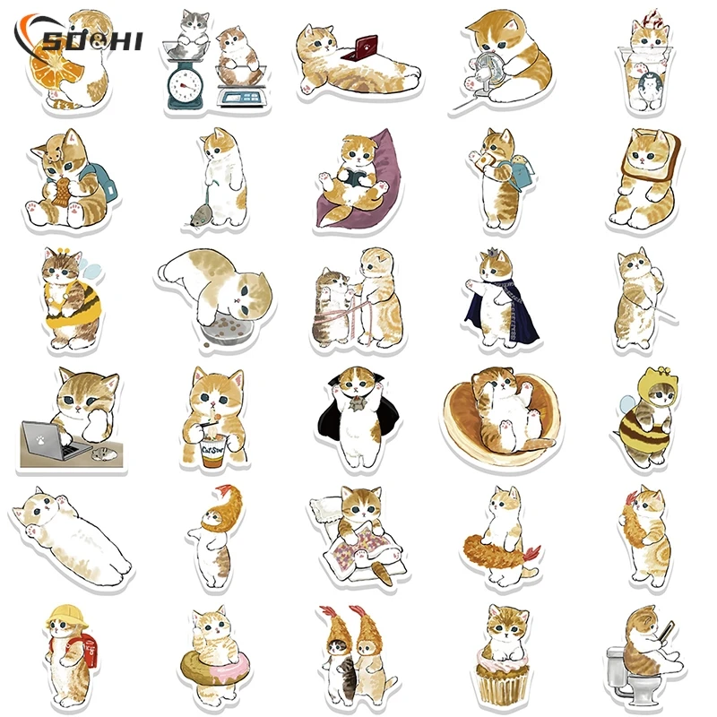 64Pcs Cute Cat Cartoon Stickers DIY Decoration Suitcase Scrapbooking Phone Laptop Stationery Kitty Kid Toy Sticker