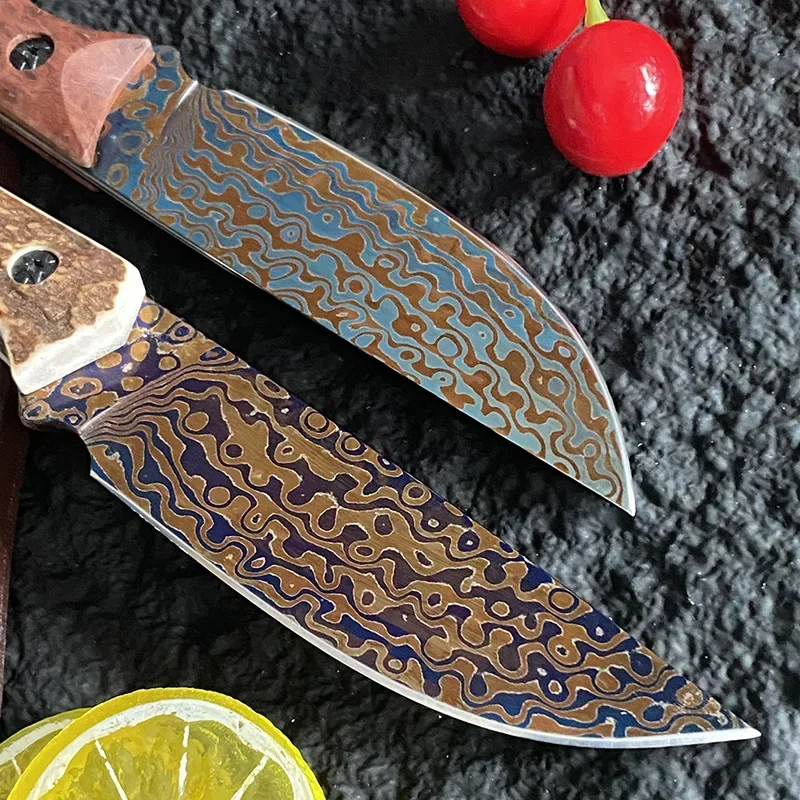 Damascus Steel Fixed Blade Knife Deer Antler / Cherry Blossom Handle Collection Straight Hunting Knifes With Leather Case