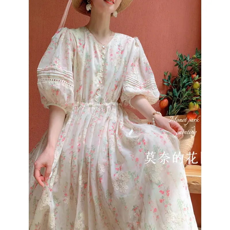 

Original Cotton and Linen Floral Dress Summer Court French Half Lantern Sleeve V-neck Slimming Waist Embroidered Printed Dresses