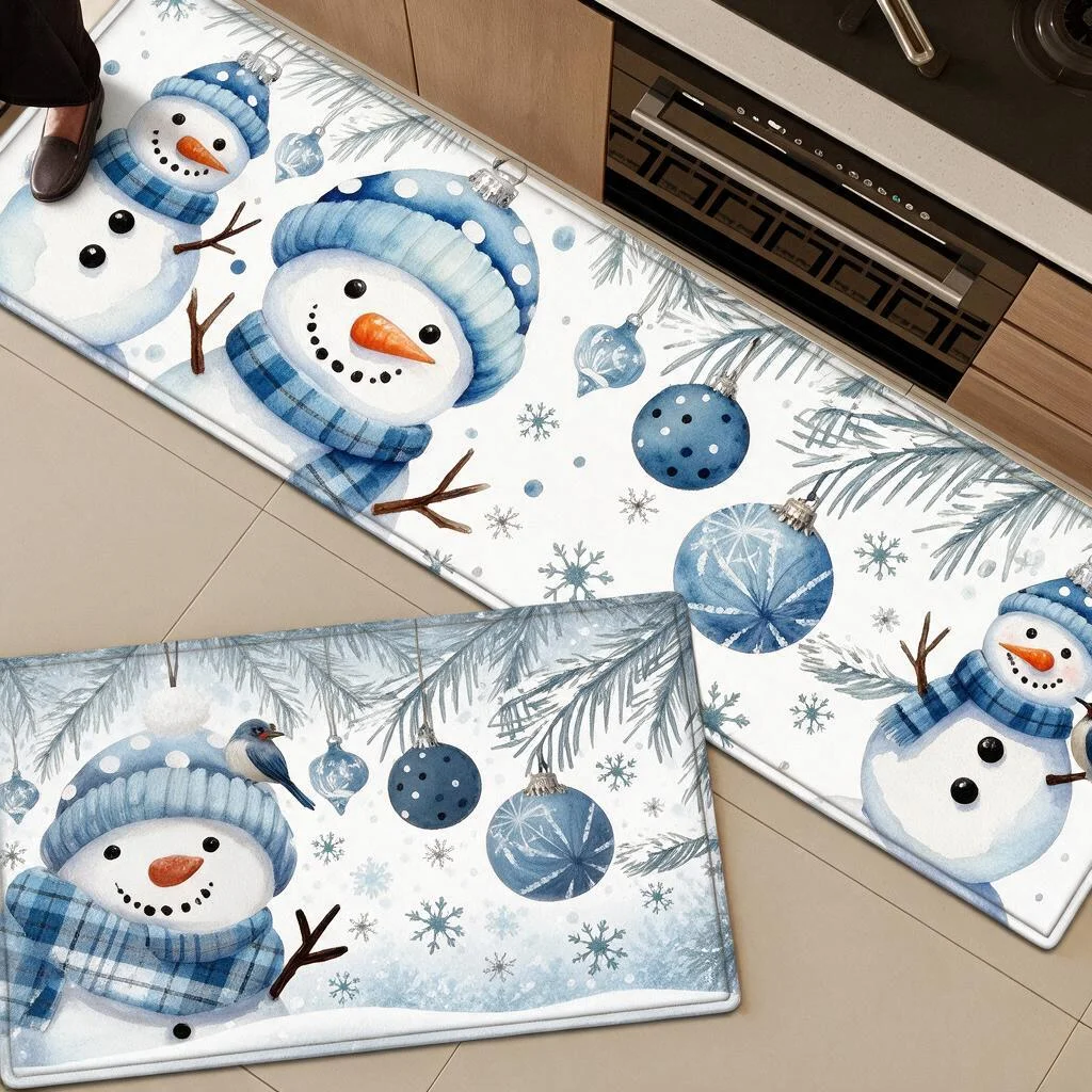 Christmas Square Kitchen Floor Rug Soft Plush Flannel Mat Non Slip Fluffy Water Absorbent Decorative Rug for Front Door