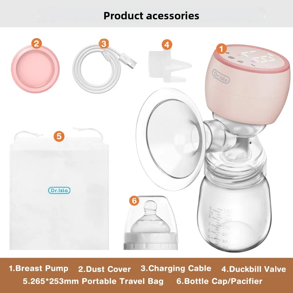 Extractor de leche eléctrico de poco ruido con luz nocturna, botella de leche de 180ml, extractor de leche inteligente integrado de alta succión