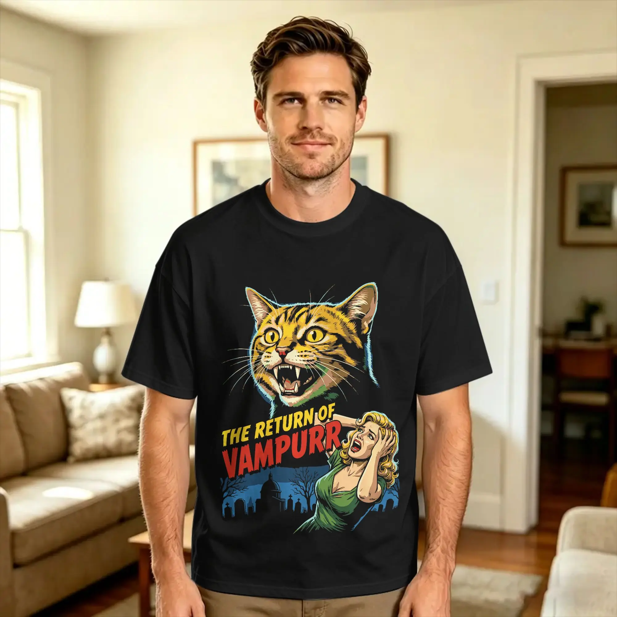 Man T-Shirt Return of The Vampurr Spooky Cat Vampire Halloween T-Shirts Harajuku  Beach Tees Vintage Cotton Tops Plus Size 6XL