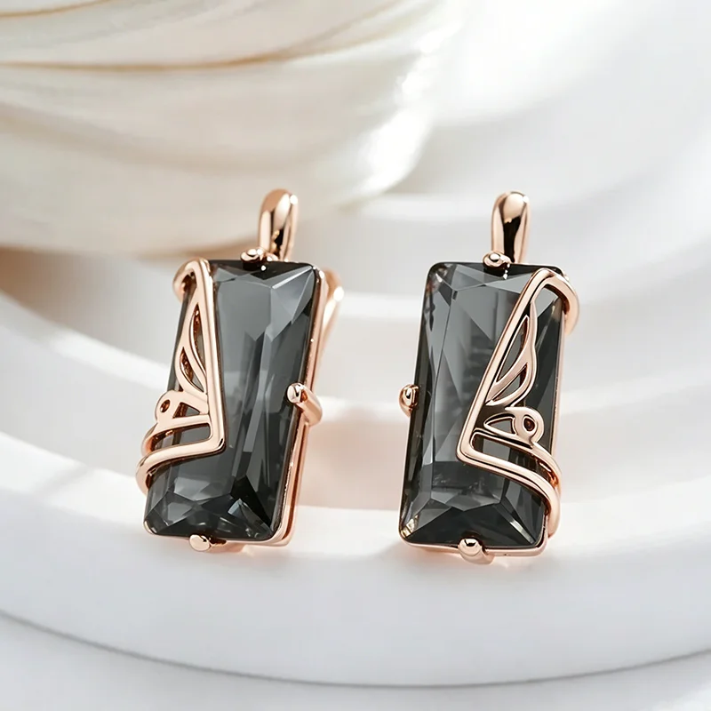 Wbmqda 24*10mm Square Gray Stone Long Drop Earrings For Women 585 Rose Gold Color Luxury Holiday Party Jewelry Gifts