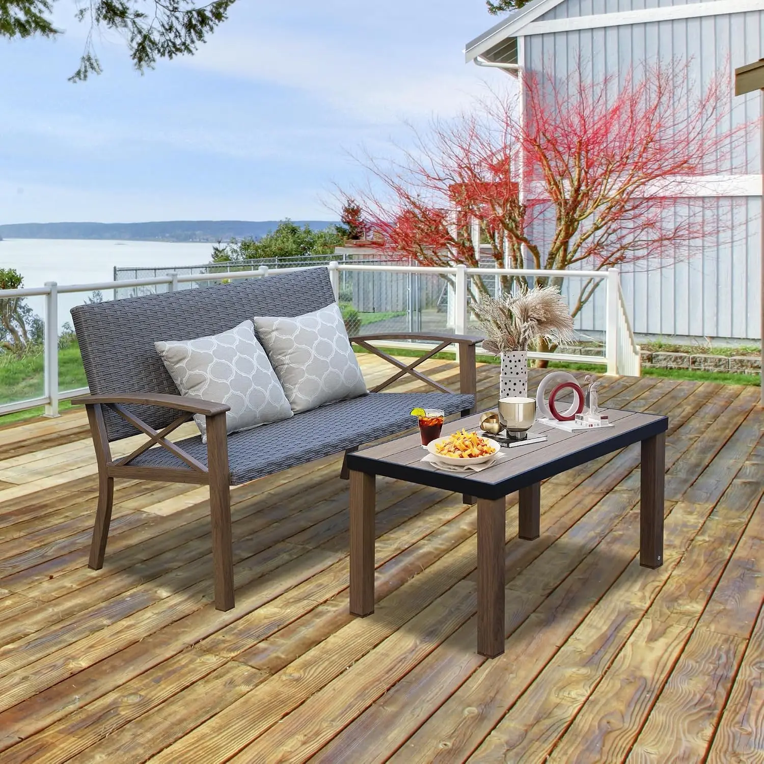Aluminum Patio Loveseat Set 2-Piece Outdoor Sofa with Padded Backrest, 5.5 Inch Cushion & Table for Balcony Garden, Customized