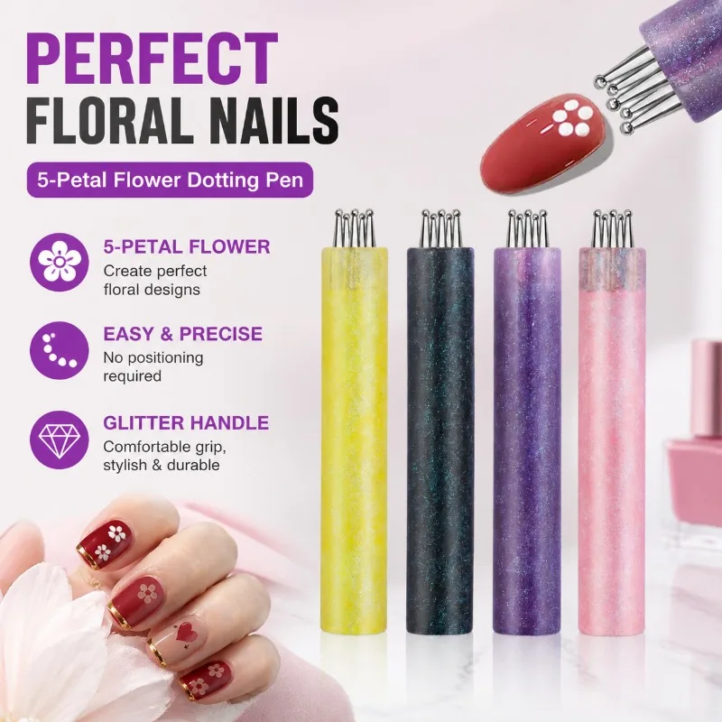 

New Arrival Nail Art Five Petal Flower Dotting Pen Glitter Handle Multi-head Nail Bead Dotting Tool One Step Form Design