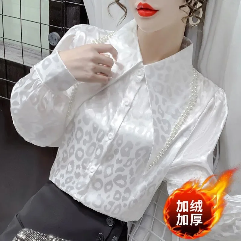 

2026 Spring Autumn European Shirts Chic Design Sense Leopard Print Jacquard Diamond Cardigan Blouse Coat Women Shirts Tops