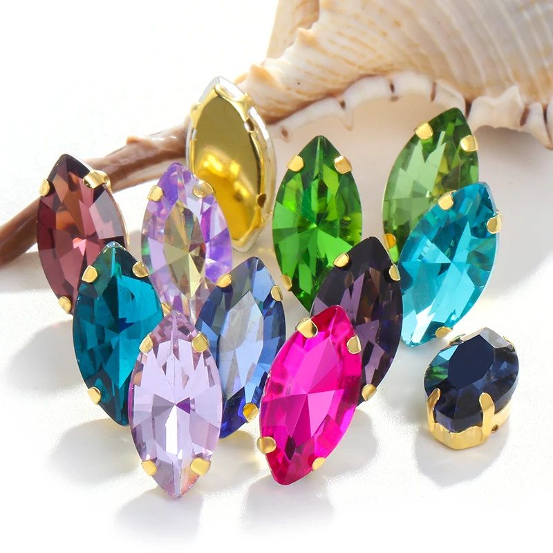 Gold Leaf Crystal Rhinestones Hand Sew On Glass Stones Ornament Diamond Beads Dress DIY Crafts Claw Drill Accessories