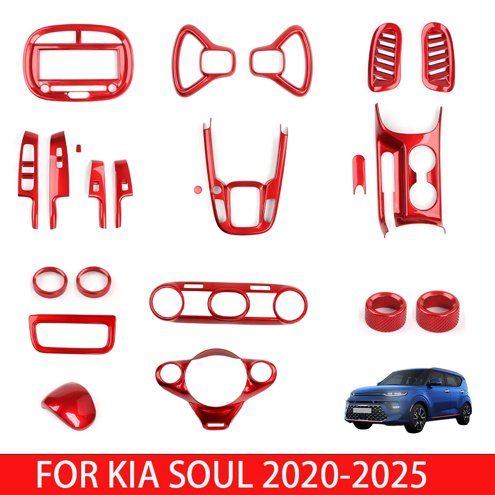 For Kia Soul 2020-2025 Red Window Button Cover Car Gear Shift Cover Center Console Cover Upper Vent Cover Storage Box LHD/RHD