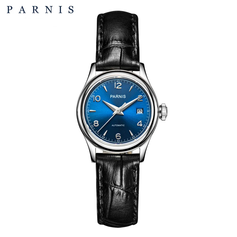 Parnis-reloj mecánico automático con esfera azul para mujer, pulsera de lujo con correa de cuero y cristal de zafiro, 26mm