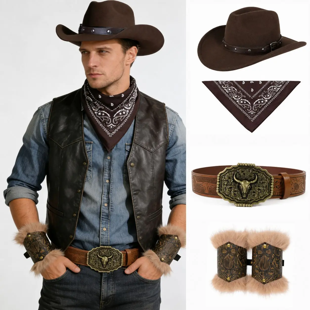 Funny Western Cowboy Outfit Vintage Cowboy Hat Scarf Belt and Wrist Guards Adjustable Halloween Party Cosplay Costume