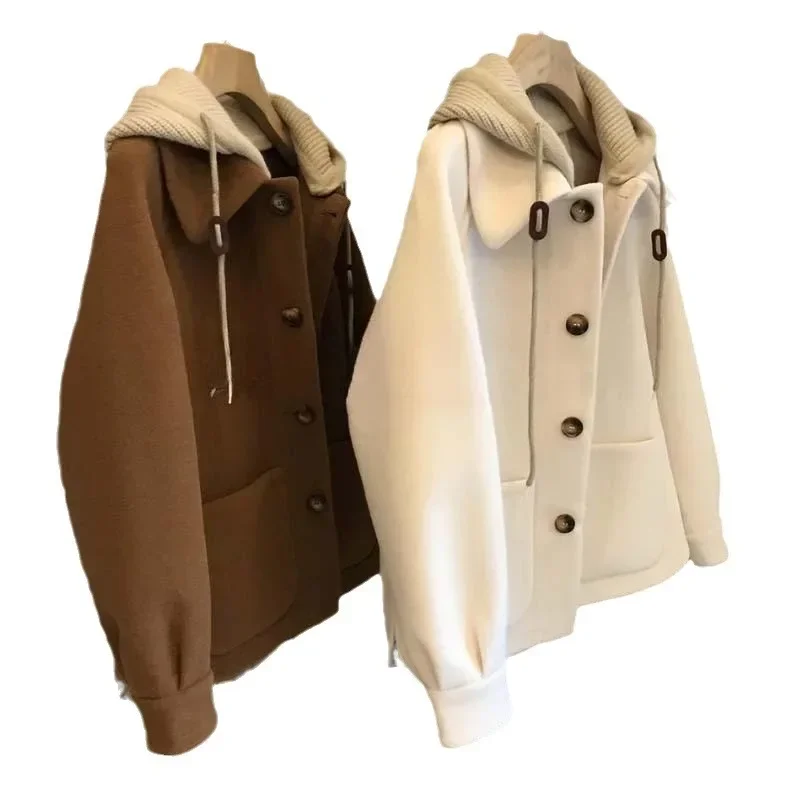 High-End Woolen Jacket Women's Thickened Knit Hooded Two-Piece Illusion Winter Outerwear