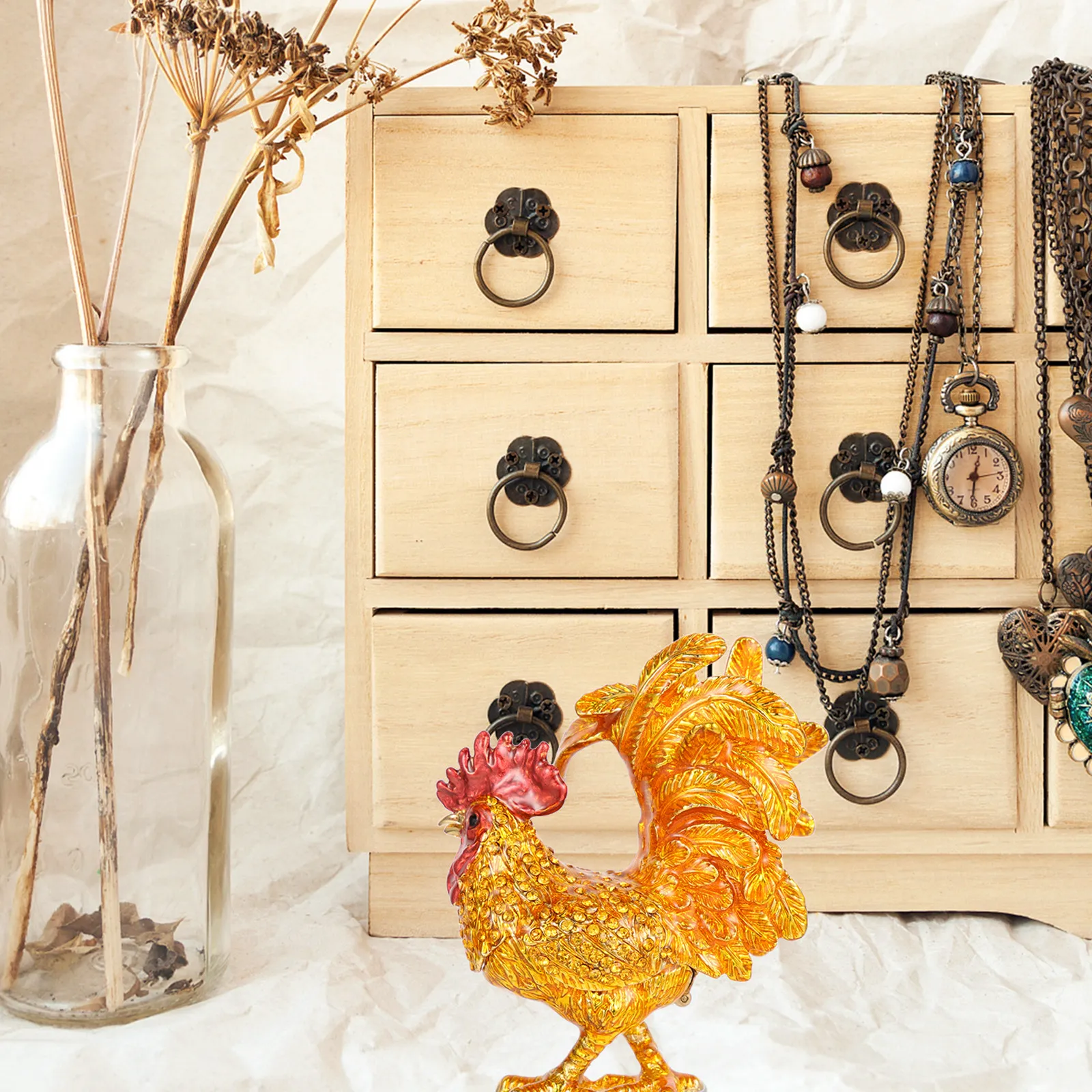 

Rooster Shaped Jewelry Box Alloy Metal Trinket Storage Case for Necklaces Bracelets Earrings Desktop Vanity Decor Rooster