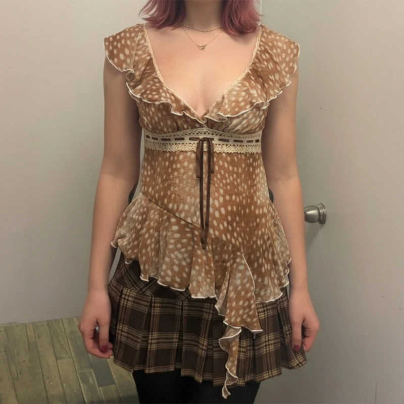 

Sexy Flirty Deer Print Ruffled V-Neck T-Shirt with Asymmetrical Hem Women's Top