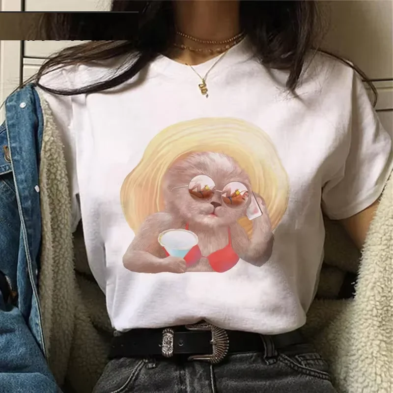 Topy damskie plus size z krótkim rękawem, białe, codzienne, odzież Harajuku, koszulki z nadrukiem śmiesznej grafiki z kotem i obrazem olejnym.