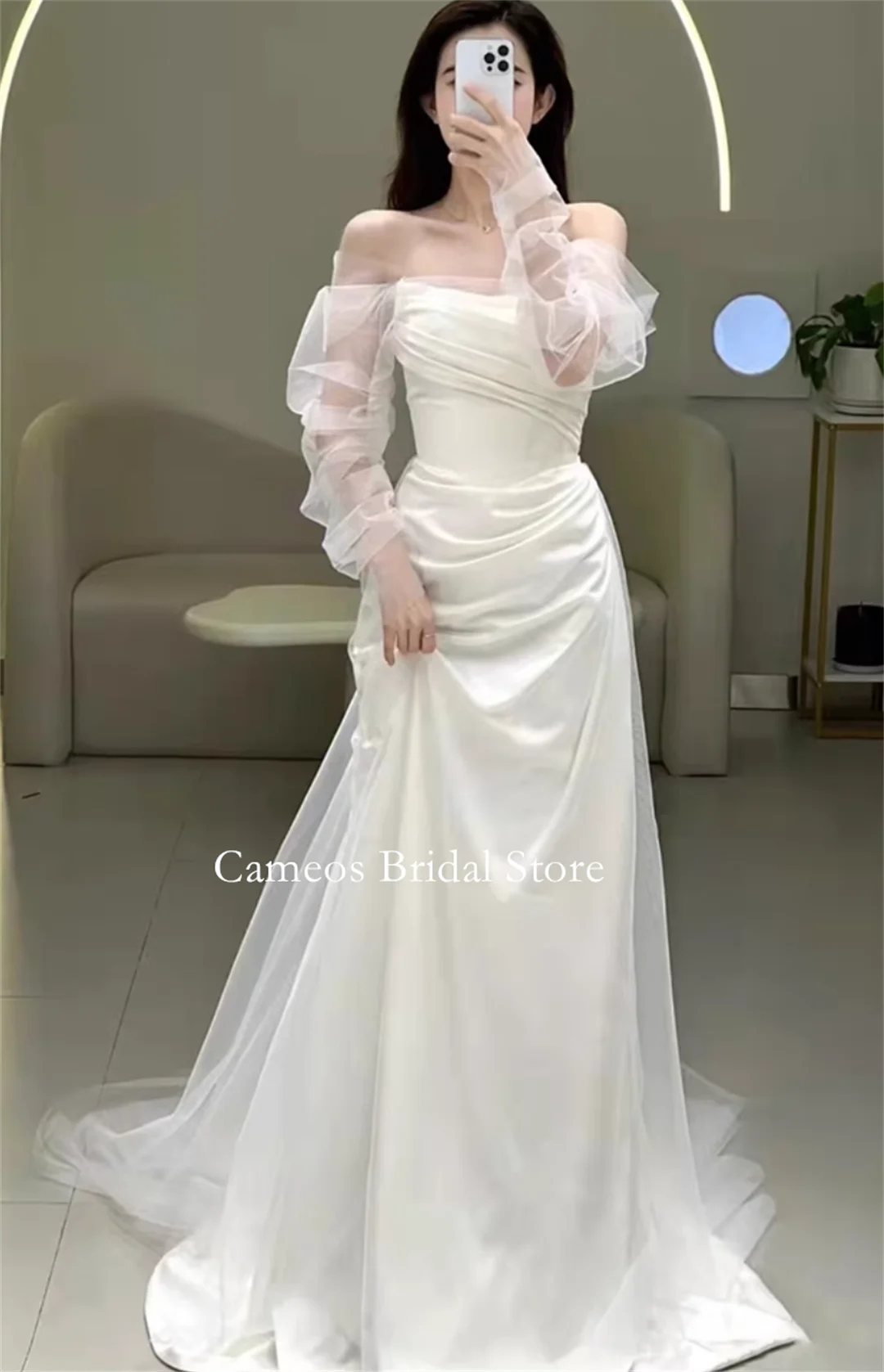 Colavis Asta Koreanisches schulterfreies Brautkleid aus Satin mit langen Ärmeln, Brautkleid дnostiUnd Jepanke Photoshoot Brautkleid für die Braut, individuell gestaltet