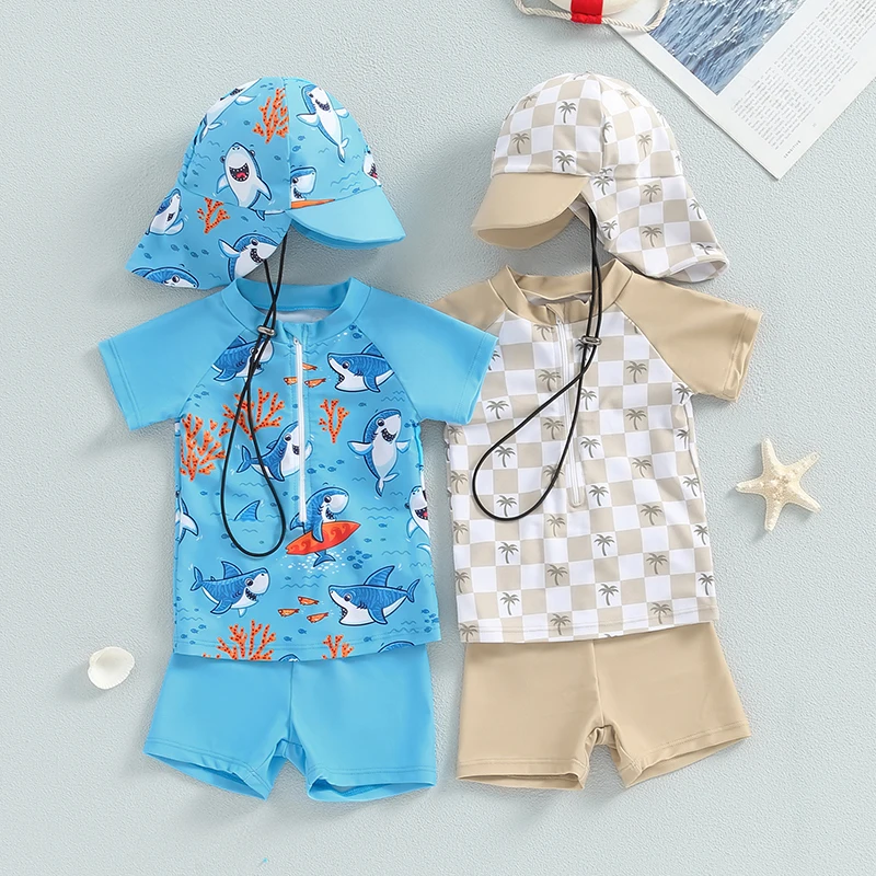 0-3 Years Infant Baby Toddler Boy Swimsuit 3Pcs Set Rash Guard Swimsuit Shark Print Long Sleeve Zip Up Bathing Suit Swimwear Hat