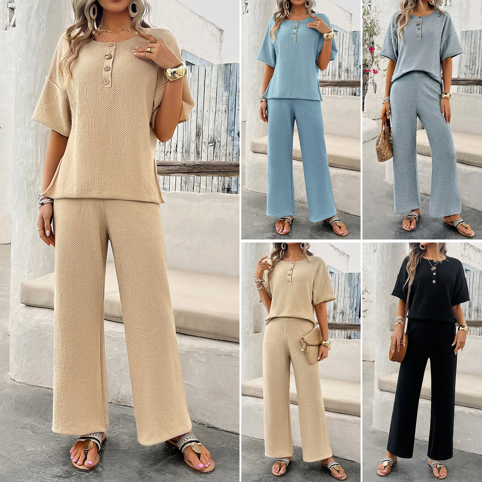 

Cross-border Foreign Trade Women's Clothing Spring And Summer Temperament Casual Solid Color Knitted Short-sleeved Trousers Set