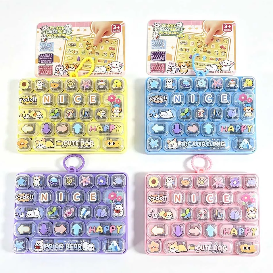Funny 26 Grid Keyboard Keycap Clicker Keychain Fidget Push Squeeze Stress Anxiety Relief Decompression Sensory Bag Charm Gift