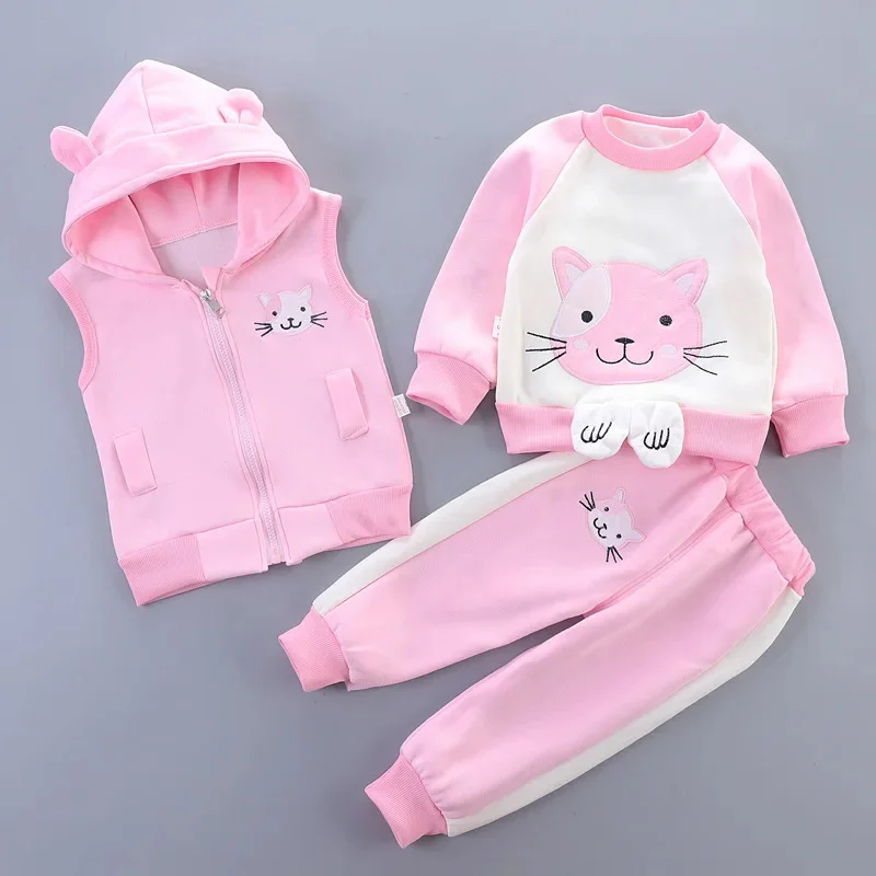 New Girls Padded Three Piece Children\'s Warm Cartoon Hooded Suit Autumn Winter Boys Fashion Casual Comfortable Sets 12M-5 Years